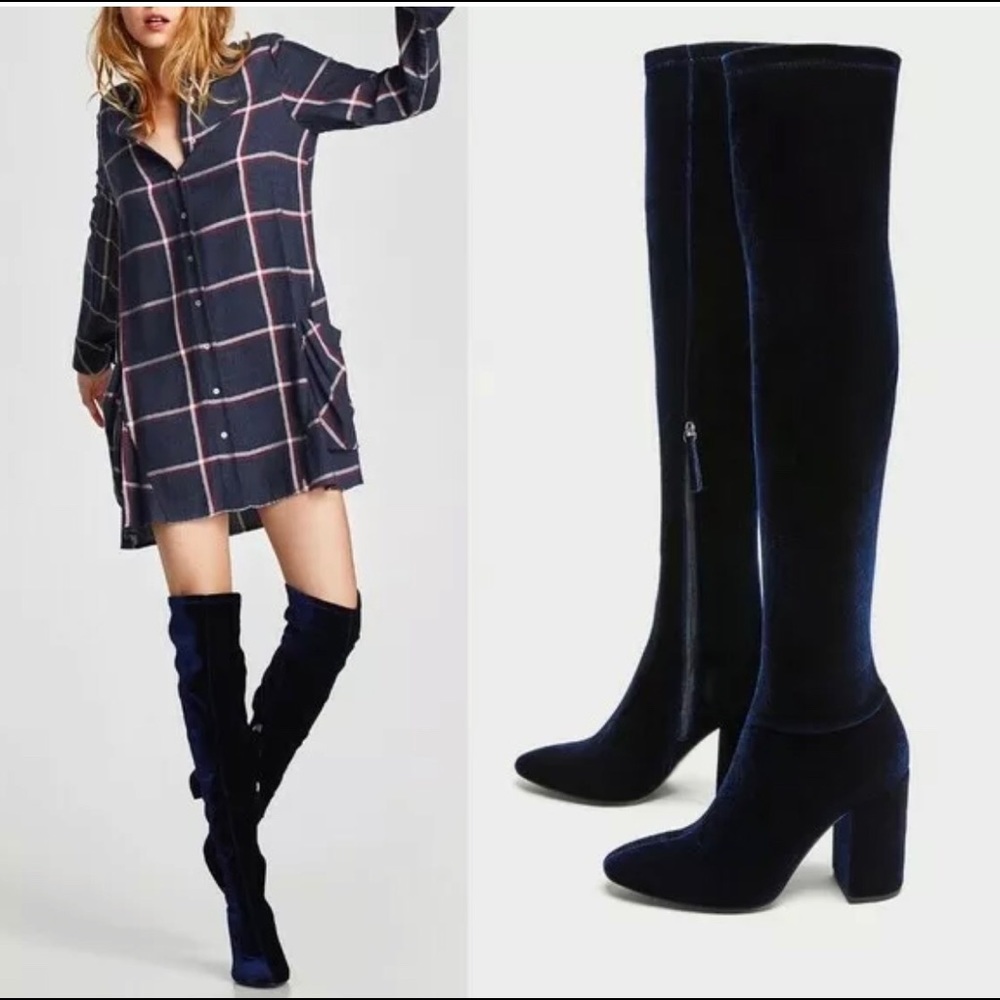 ZARA. Blue Velvet Over the Knee Boots 💙size 38